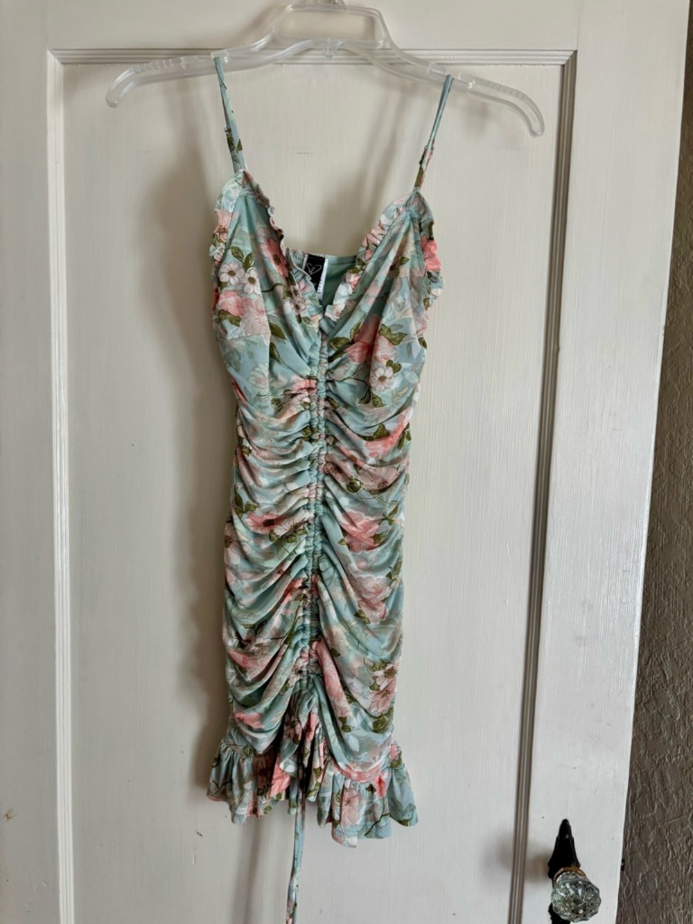 Sage Floral Ruched Spaghetti-Strap Mini Dress in Mint and Pink